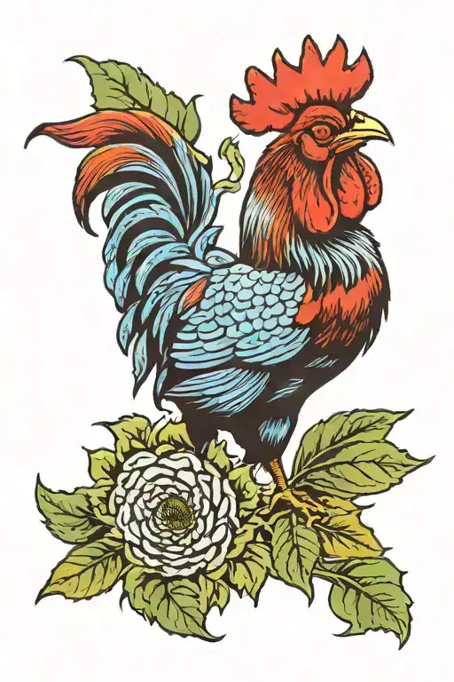 Delph Blue Rooster With Long Green Steamed Sunflowers Behind