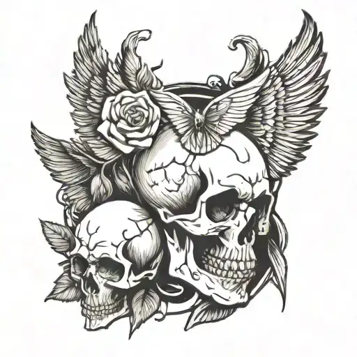 Skull Roses Angle Wings Spread Wide