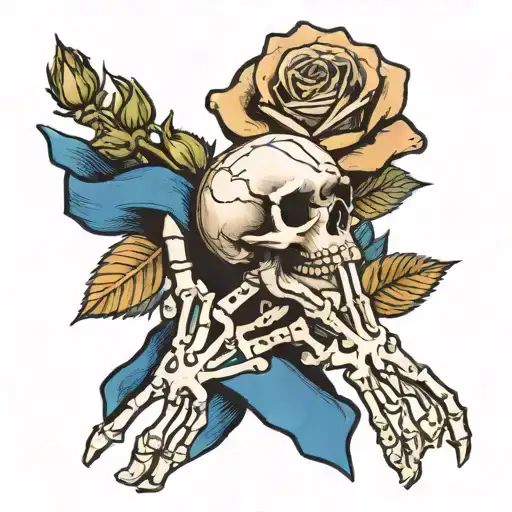 Rose Flower Being Held By Skeleton Hand Wrapped In Blue Ribbon