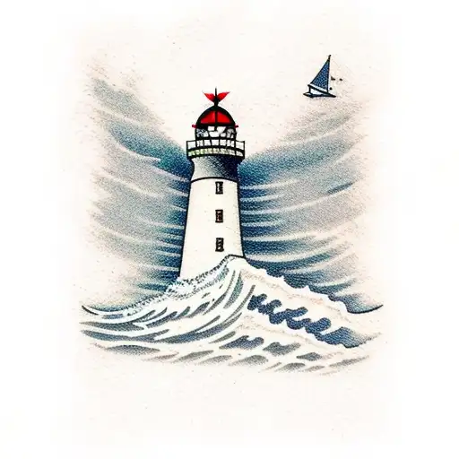 A Lighthouse With Red Horizontal Stripes Being Hit By A Wave