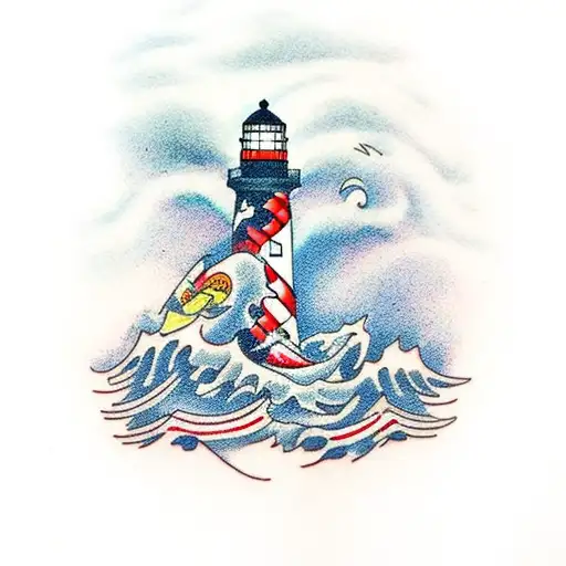 A Lighthouse With Red Stripes Being Hit By A Big Wave