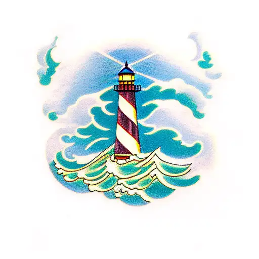 Striped Lighthouse Hit By Big Wave With Cloud Above