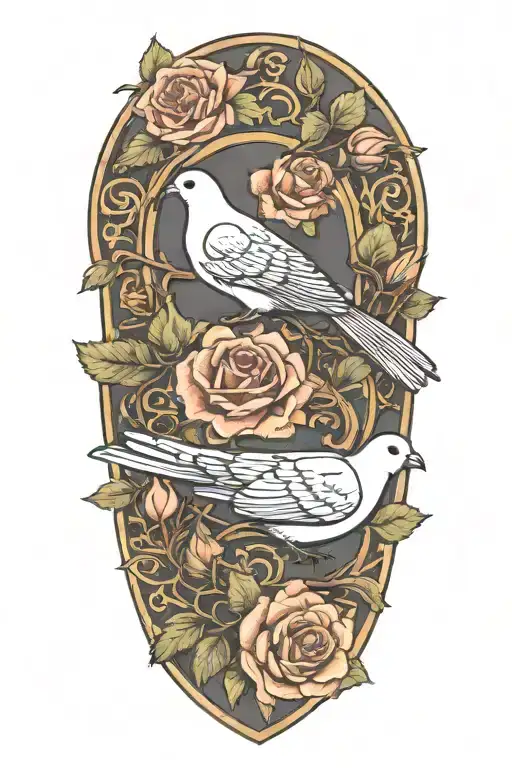 Wreath Of Roses A Seated Dove Perched And Army Dog Tags With Chain Necklace