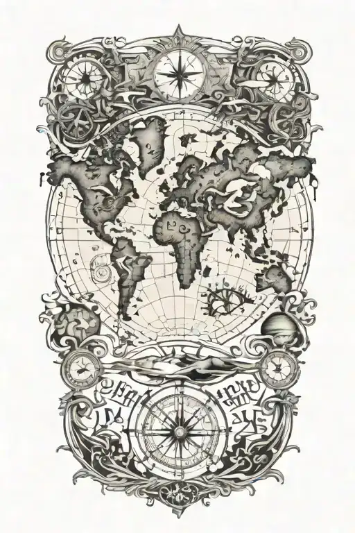 World Map With Compass Rose Intertwined