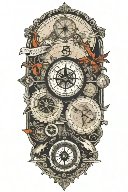World Map With Compass Rose Intertwined With Clock