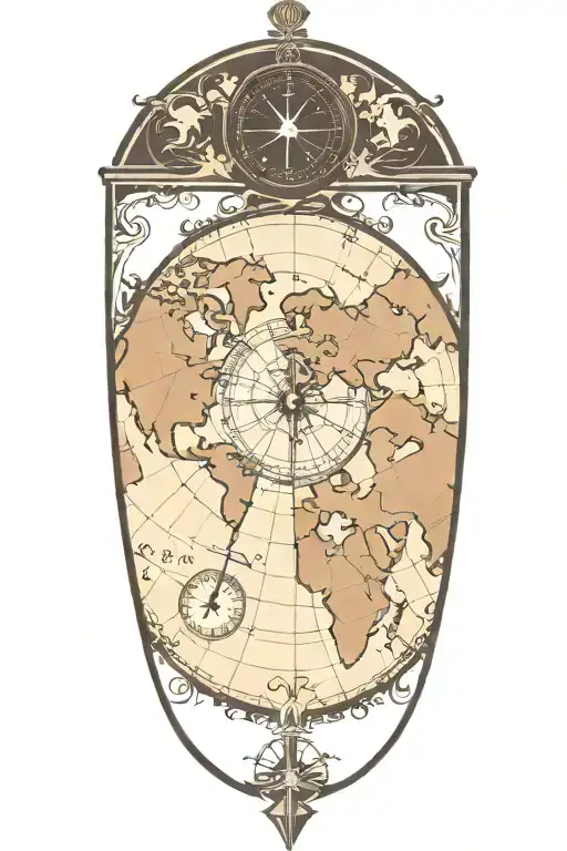 World Map With Compass Rose Intertwined With Clock