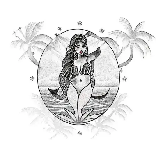 A Traditional Style Tattoo Of A Swimming Mermaid With Cabo San Lucas Palm Trees In The Background