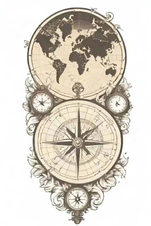 Compass And Pocket Watch Over World Map Outline