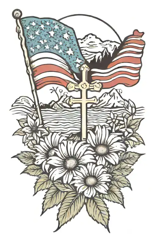 Mountain Range With A Cross In The Distance And With American Flag And Gerber Daisies