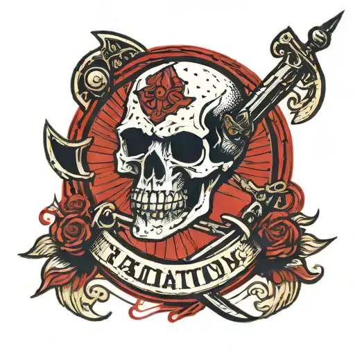 Skull With Swords On A Red Circle With An Inscription