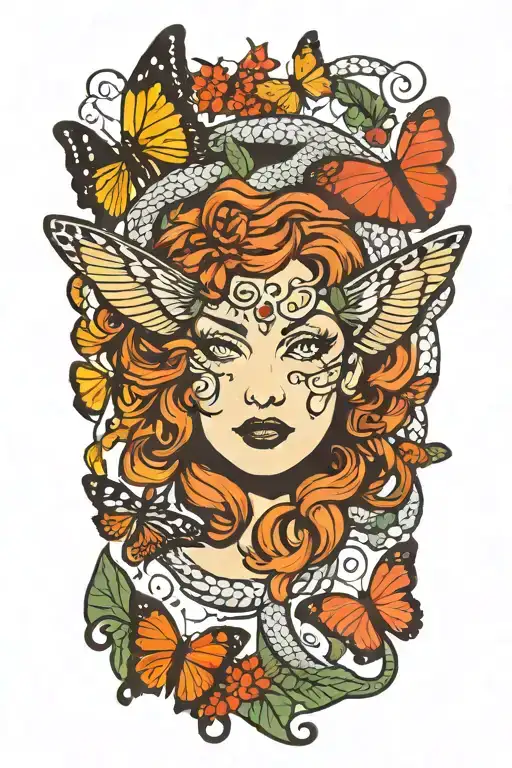 Medusa Snake Hair Surrounded By Butterflies Fluttering