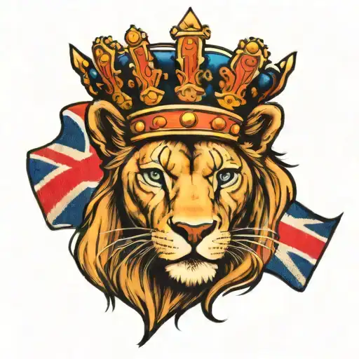 Lioness With Crown Blue Eyes And Union Jack Flag