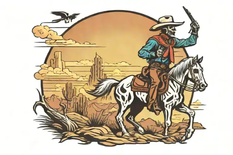 Western Skeleton Cowboy Shot By Arrows Landscape And Colorful Sky