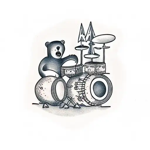 A Bear Playing A Drum Set In A Lush Forest Setting