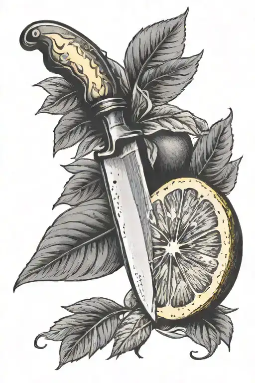 An Old Knife Piercing A Lemon On Black Grey