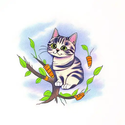 Cute Cat In A Tree Eating Carrots