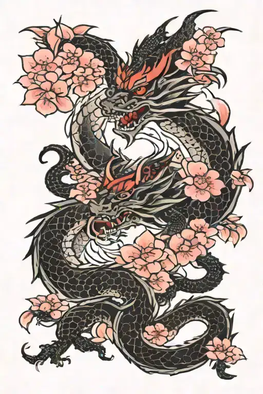Red To Black Dragon With Moon And Cherry Blossoms