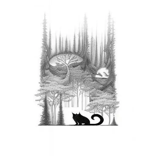 A Mystical Forest Scene With Hidden Cats Among The Trees