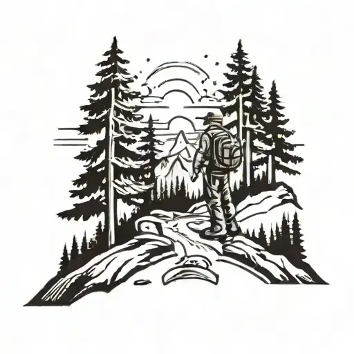 Hiker Far Away In The Mountains And Trees And Sun