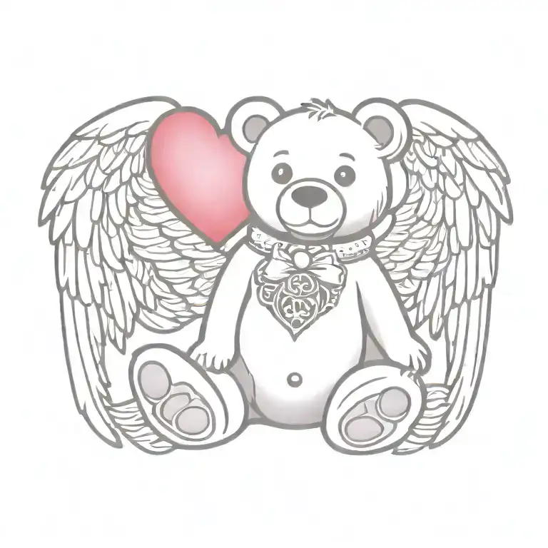 Vibrant Tattoo Design Of A Teddy Bear With Angel Wings And A Heart Gem