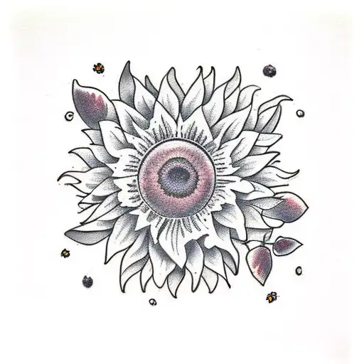 Traditional Style Sunflower With Blueberry Accents In A Vintage Botanical Illustration