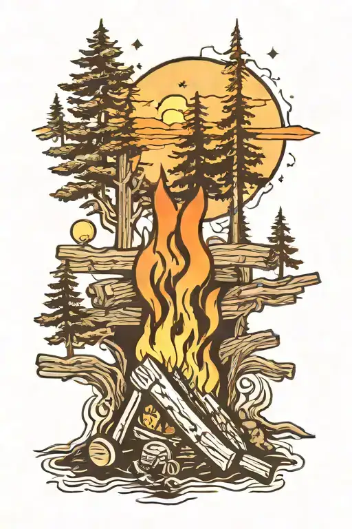 Campfire Surrounded By Trees With Sun Rising