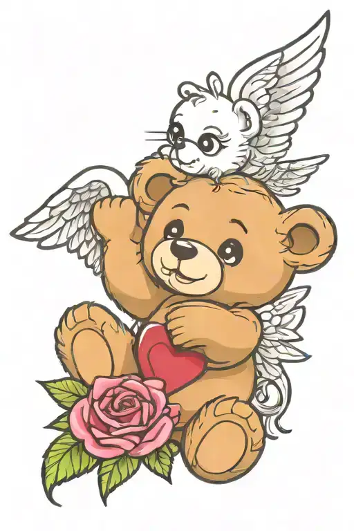 Create A Colourful Tattoo Design Of A Teddy Bear With Angel Wings And A Heart Gem