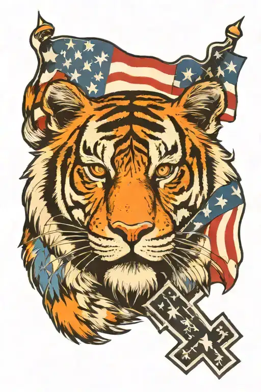 Tiger Head With Cross And American Flag And Mlm