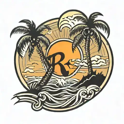Beach Scene With Palm Tree Sun Shining And The Letter R On The Ocean