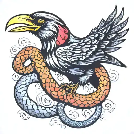 Crow Held By Snake Coiled