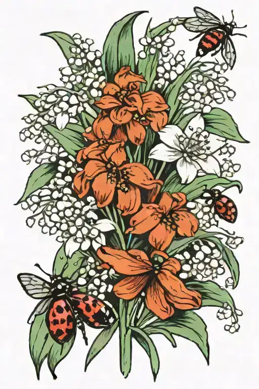 Lily Of The Valley And Daisy Bouquet With Two Lady Bugs One Big