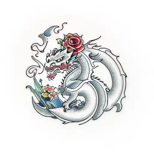 Dragon With Flowers And A Wave Filler