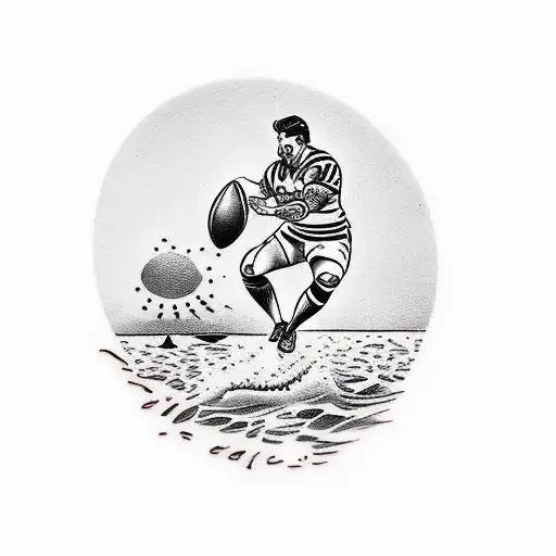 A Traditional Style Tattoo Of A Rugby Player Kicking A Lawn Bowl With A Sunset Beach Backdrop
