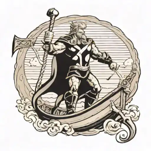Thor Standing On The Bow Of A Ship Sailing Away With Lightning In The Background