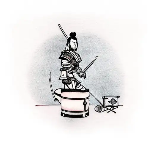 A Minimalist Tattoo Design Of A Samurai Playing The Drums