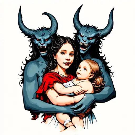 3 Headed Scary Beast Wrapped Around A Girl Holding A Baby