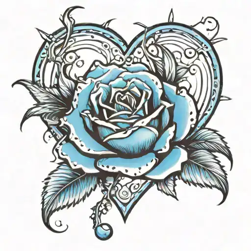 Blue Rose With Thorns Wrapped Around Heart Tattoo Design