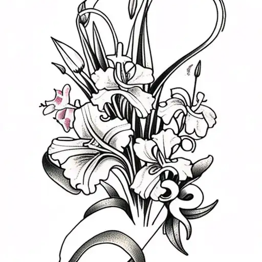 Red Gladiolus And Lily Of The Valley Flowers With Cross And Infinity Symbol In The Background