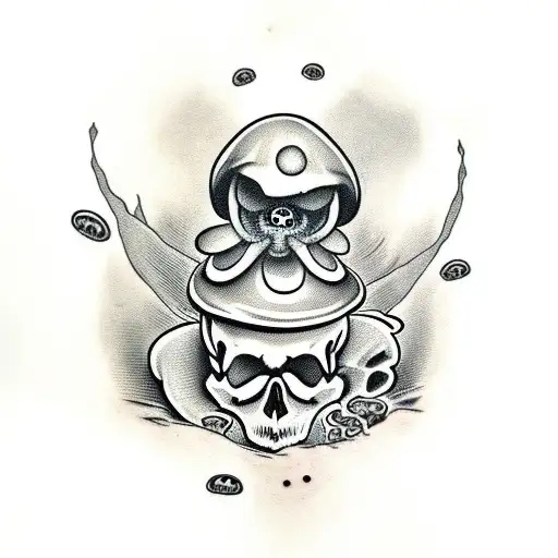 Skull With Mushrooms Coming Out Of It And Frog On Top