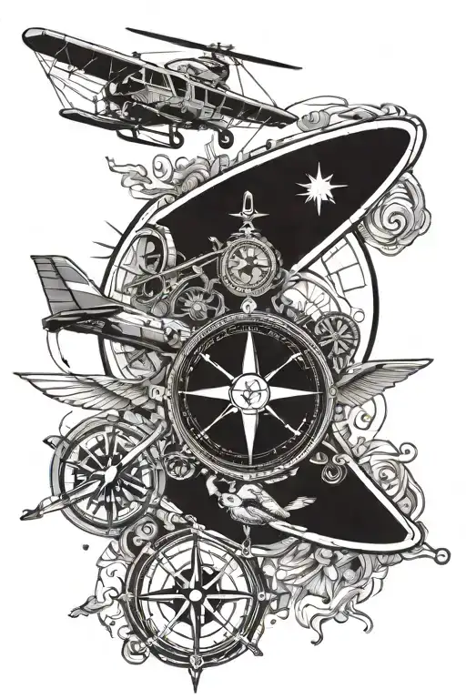 Intricate Compass Design With A Helicopter And Airplane As The Main Elements