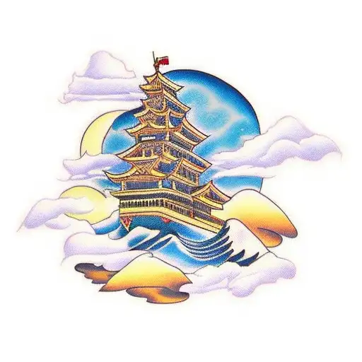 A Traditional Style Tattoo Of An Adventurous Explorer Climbing A Temple Mountain