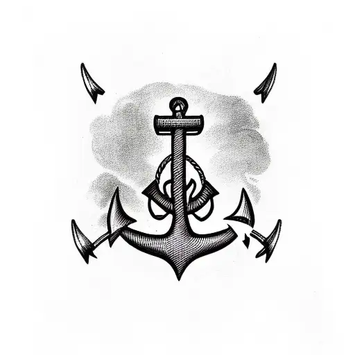 Ship And A Sailor Infront Lf It With A Tattoo Of An Anchor On His Forearm