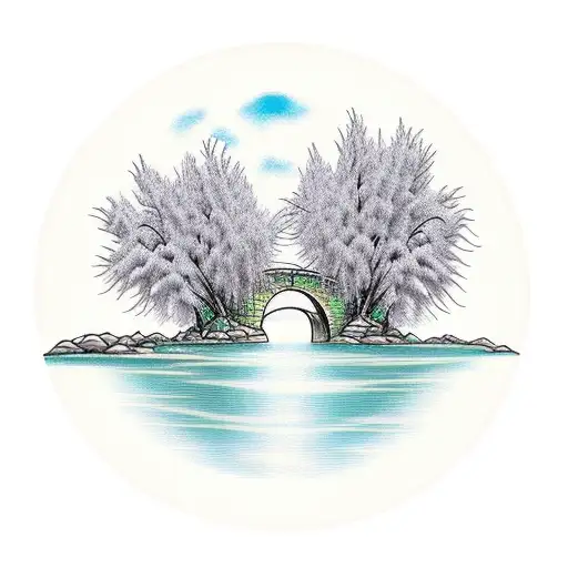 A Weeping Willow Tree Hanging Over A Stone Bridge That Spans Over A River