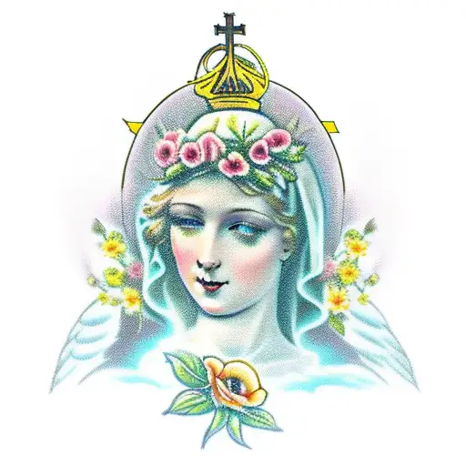 Holy Mary With Flowers And Cherubs