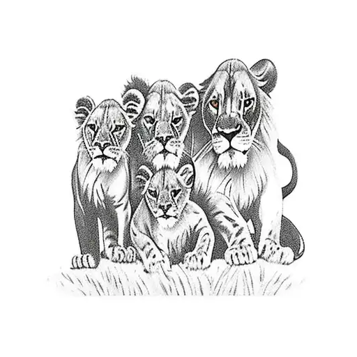 3 Lion Cubs With Mom And Dad Watching Over