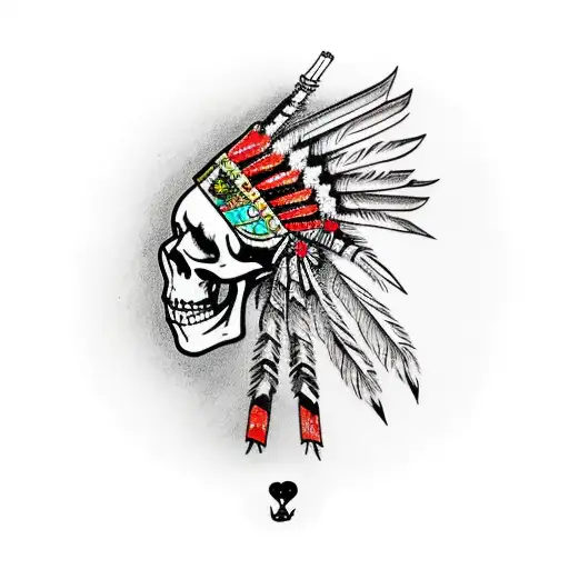 Skeleton Wearing Indian Head Dress Smoking A Pipe