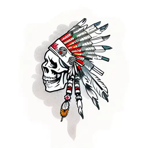 Skeleton Wearing Indian Head Dress Smoking A Pipe