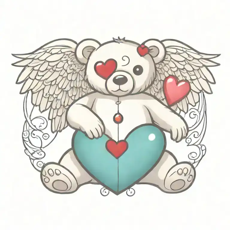 Vibrant Tattoo Design Of A Teddy Bear With Angel Wings And A Gem Heart