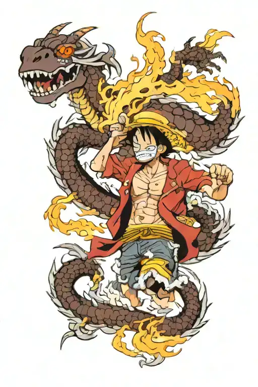 One Piece Anime Being Wrapped Around By A Dragon Breathing Fire