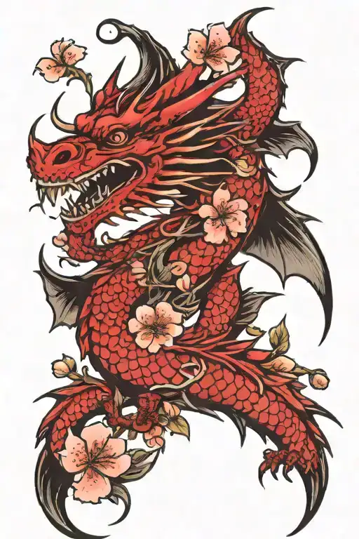 Red Dragon And Cherry Blossom Flowers